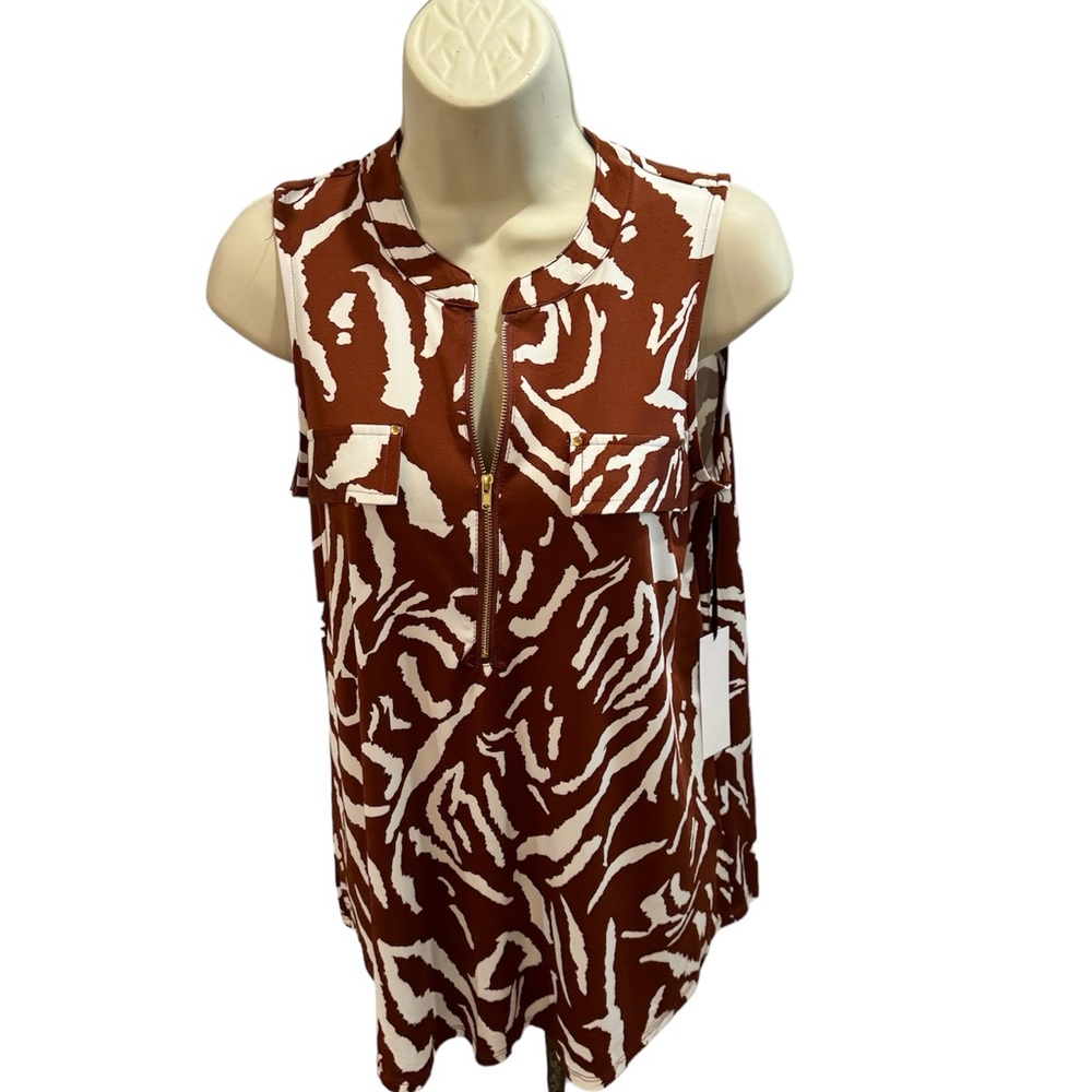 NWT Fyve Brown Zebra Abstract Women’s Sleeveless Size Medium Gold Zipper‎ Front